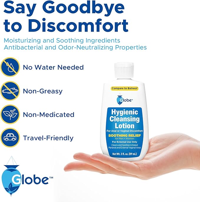 Globe Hygienic Cleansing Lotion for Men and Women, Discomfort, Pain & Itch Relief for Sensitive Areas, Cooling, Non-Irritating & Non-Drying Gentle Personal Care Cleanser, Travel Must Have,3 oz Bottle