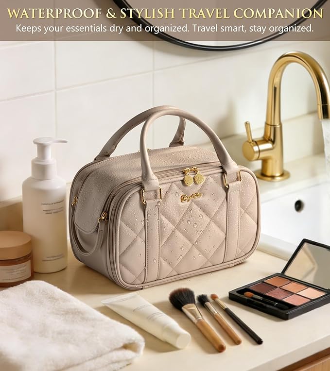 Bagstellar Travel Makeup Bag, Large Capacity Quilted Toiletry Bags for Women, Wide-open Cosmetic Bags Make Up Case Organizer Portable Pouch with Handle & Brush Holder for Traveling Accessories, Blue