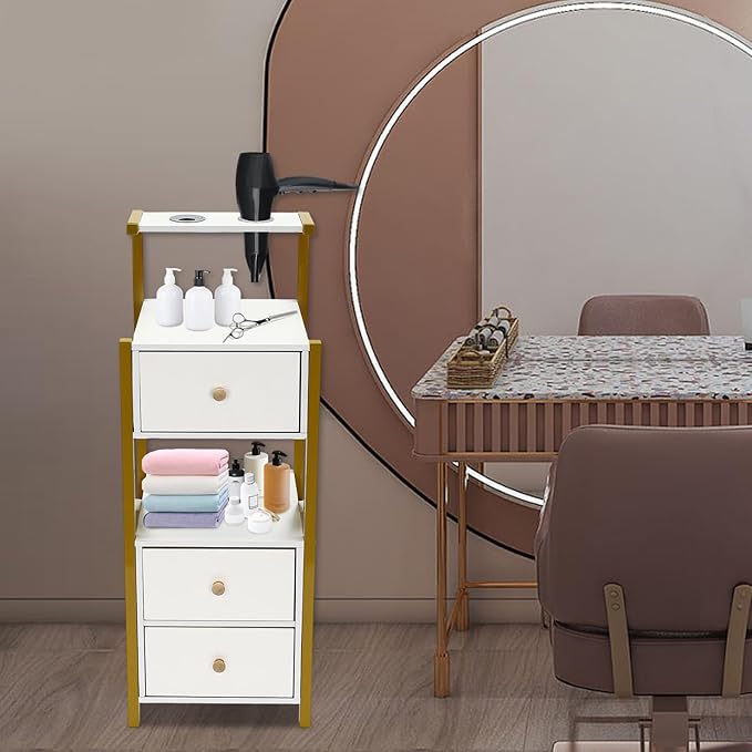 Beauty Salon Station Barber Station with 3 Drawer & 2 Hair Dryer Holder, White Salon Storage Cabinet Makeup Organizer for Spas, Barber Stores, Salons, Locker Rooms, Bathrooms