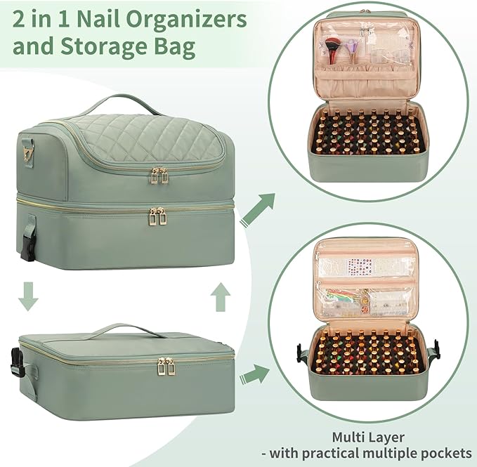 Extra Large Nail Polish Organizer Holds 117 Bottles - Three Layer Nail Organizers And Storage Bag, Portable Nail Supplies Organizer Case, Nail Tech Kit Travel Carrying Box with Shoulder Strap