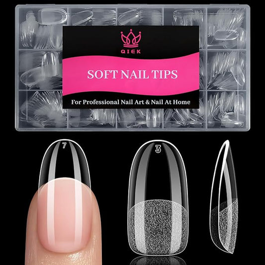 Qiek Medium Oval Fake Nail Tips - 15 Sizes 240 PCS Clear Half Matte Press On False Nail Tips Pre-shaped Soft Full Cover Gel Nail Tips Extensions Thick Long Lasting for DIY Beginners& Salon Manicure