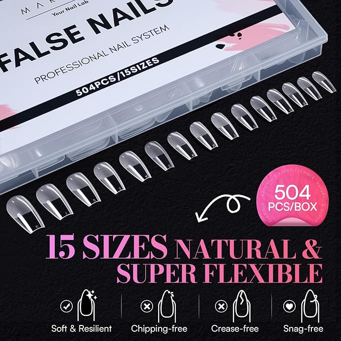 Makartt Coffin Nail Tips: Medium, 504 PCS, 15 Sizes, Half Matte, Clear Fake Nails Ballerina Shapes - Full Cover Soft Acrylic Press On Nail Extensions Supplies Salon and Diy at Home