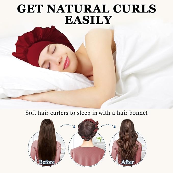 Gwabee No Heat Overnight Hair Curlers - 70" Soft Ribbon Curl Wrap with 9 Curling Rods, Headband for Long Hair Rollers - Burgundy