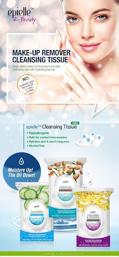 Epielle Green Tea Makeup Remover Wipes, Gentle Daily Facial Cleanser Towelettes, Remove Dirt, Oil & Waterproof Mascara, Stocking Stuffers, 60 Count (Pack of 2)