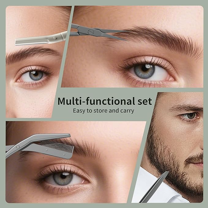 Glamne Eyebrow Trimmer Kit Scissors Tweezers Razor Facial Shaver Grooming Set with Mirror Travel Cases