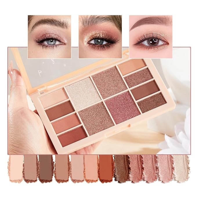 12-Color Warm Red Brown Eyeshadow Palette – Matte, Shimmer&Glitter Neutral Nude Shades with Rose Gold, Champagne, Bronze&Peach Tones, High-Pigment, Long-Lasting, Blendable Soft Glam Eye Makeup Palette