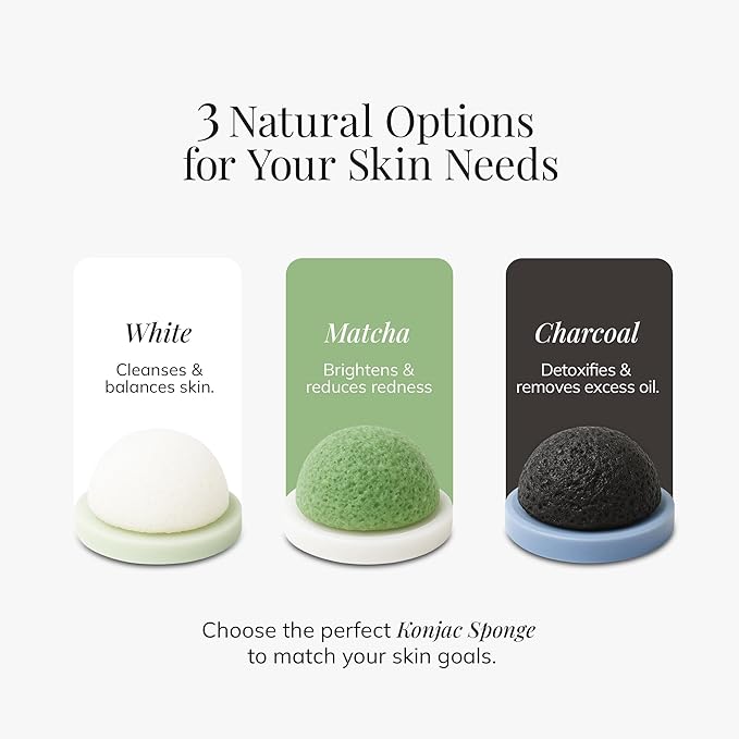 Plant-Based Konjac Facial Sponge: Natural Face Exfoliator for All Skin Types - Charcoal, Matcha, or Original - Gently Cleanses & Balances - Vegan, Cruelty-Free, 100% Biodegradable (White)