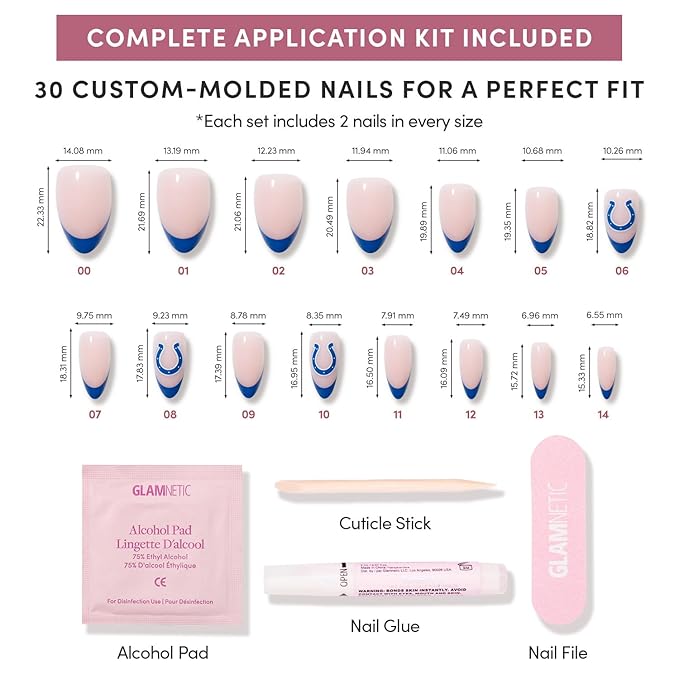 Glamnetic x Fanatics Press On Nails - Indianapolis Colts | Short Almond Fake Nails, NFL Colts Blue French Tips, Football Nails, Salon-Quality | 15 Sizes - 30 Nail Kit with Glue