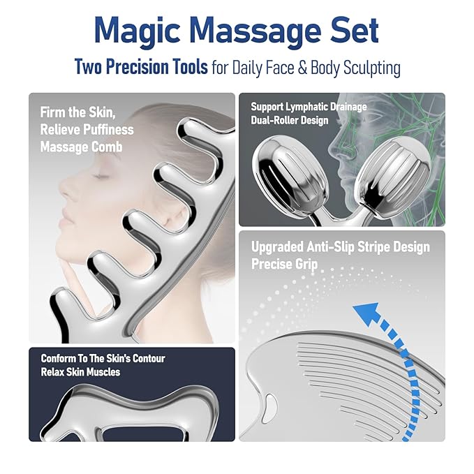Gua Sha Facial Tools & Face Roller Set, Stainless Steel Facial Massager Tools for Lymphatic Drainage & Face Sculpting, Textured Guasha for Better Grip, Double Chin Reducer, Skincare Gift for Women