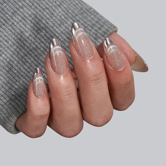BTArtbox Almond Press On Nails Medium - Lamp-Curable Metallic French Tip Cat Eye Press On Nails with Glue for Women, Soft Gel Glue On Nails in 15 Sizes - 30 Stick On Nails Kit, Silver Storm