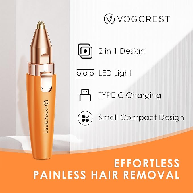 VG VOGCREST Eyebrow Facial Trimmer: 2 in1 Rechargeable Facial Hair Removal and Eyebrow Shaver - Face Lips Body Painless Razor with Built-in LED Light (Orange)