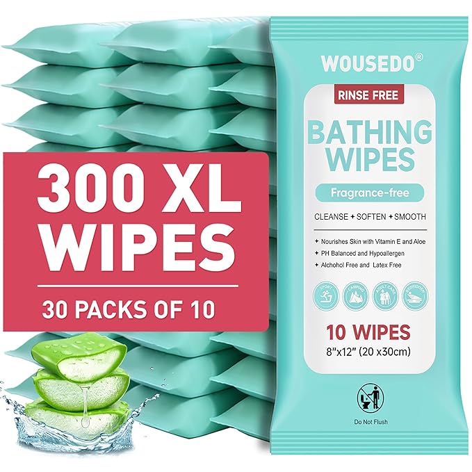 300 XL Bathing Wipes No Rinse for Adults, Shower Wipe - Extra Thick & Large Body Cleansing Wipe for Elderly, Men & Women, Soft & Gentle Disposable Bath Wipes for Travel, Camping
