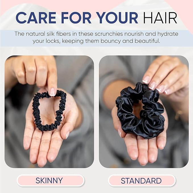 Blissy Silk Scrunchies (3 Pack) - 100% Pure Mulberry Silk - 22 Momme 6A High-Grade Fibers Scrunchie for Straight & Curly Hair (Black/Gold/Pink, Skinny)