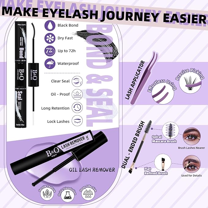 B&Qaugen Eyelash Extension Kit with Bottom Lash Extension 10-18mm 30D D Curl Lash Clusters Kit with Bottom Lashes DIY Lash Extension Kit Bond and Seal Lash Applicator (Kit-30D-D-MIX10-18)