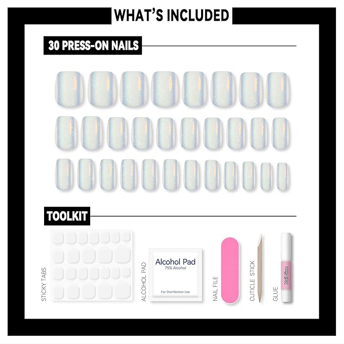 Okiyomi White Press on Nails - Iridescent Snow Cat Eye Press on Nails | Magnetic Pearl Sparkle with UV Finish - Short Ballerina Squoval - 15 Sizes - 30 Soft Gel Fake Nails with Glue and Stick On Tabs