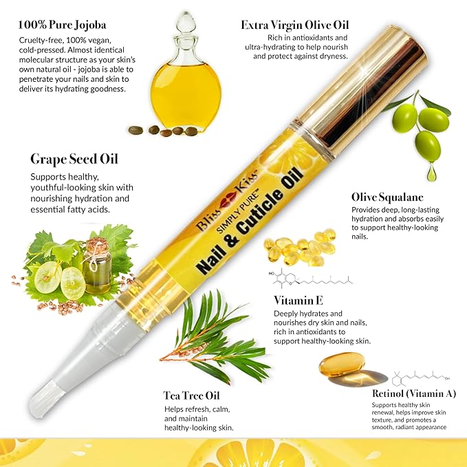 Bliss Kiss | Crisp Fragrance 4 Nail Oil Cuticle Pens w/Vitamin E & Jojoba⏤Nail Strengthener Nail Growth Treatment for Brittle Peeling Breaking Thin Nails