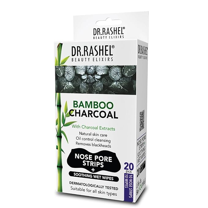 DR.RASHEL Charcoal Nose Pore Strips For Pore Cleansing, Instant And Painless Blackheads Removal | Deep Purifying Blackhead Remover Strips for Nose | 20 PCS (10 Strips & 10 Wipes)