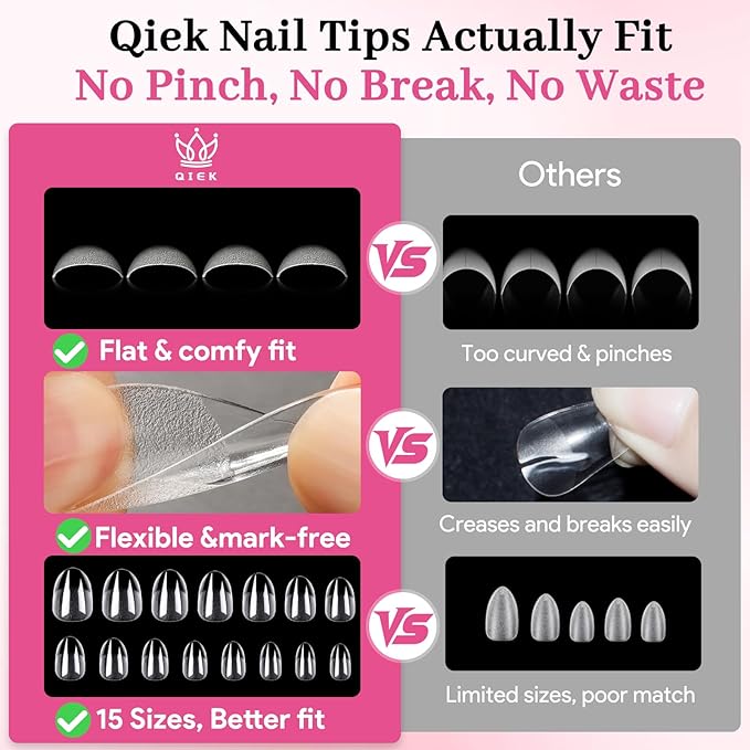 Qiek Short Oval Fake Nail Tips - 15 Sizes 240 PCS Clear Half Matte Press On False Nail Tips Pre-shaped Soft Full Cover Gel Nail Tips Extensions Thick Long Lasting for DIY Beginners & Salon Manicure