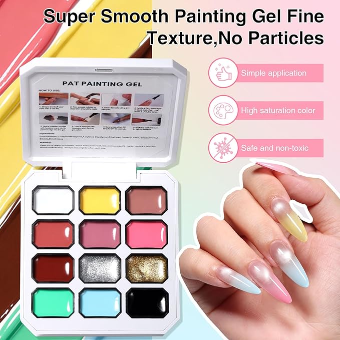 GELLAKTIK 12 Color Patting Nail Gel Polish, Ombre Painting Gel Palette French Gradient Gel Nail Blush Blooming UV/LED Curing for Gradient Nails, Beginner Friendly DIY Manicure Set