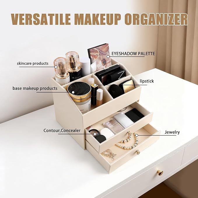 Homeanda Makeup Organizer with Drawers, PU Leather Cosmetic Storage Box Large Cosmetic Display Case for Skincare, Lipstick, Brushes, Bedroom Storage(Beige)