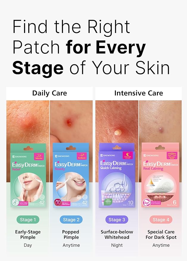 DWEasyDerm EasyDerm Multi-Step Pimple Patch Set – 4-Type Korean Pimple Patches + Free 2-in-1 Dual-Tip Extractor for Complete Skincare Stocking Stuffer Holiday Gift