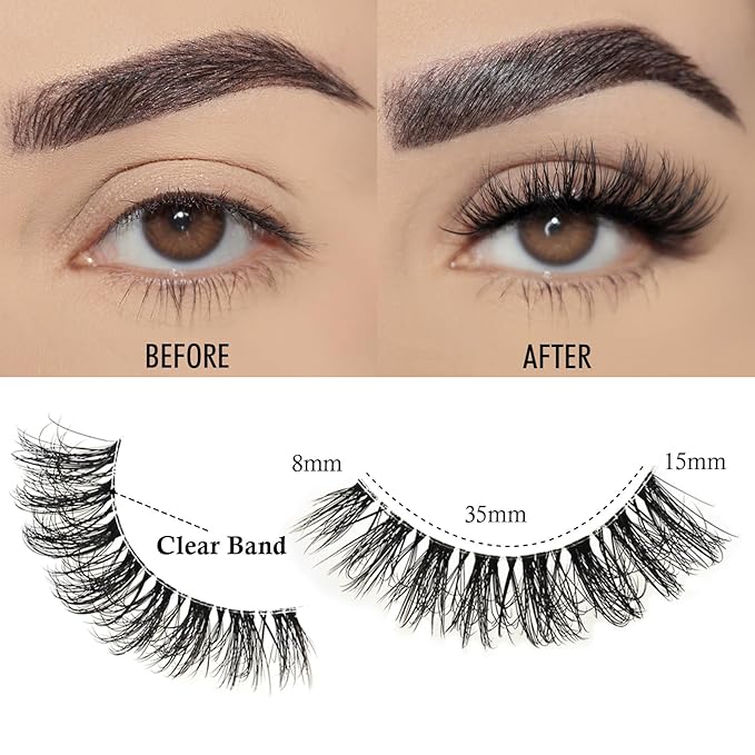 Lashes Wispy False Eyelashes Natural Cat Eye Strip Lash Fluffy Fake Lashes Strips Clear Band Mink Eyelash Natural Look Cateye Demi Wispies Eye Lashes Pack 7 Pairs Short Full Pestañas Set