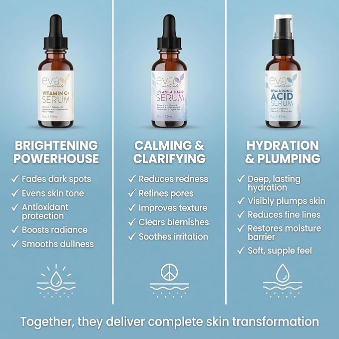 Eva Naturals Face Serum Set - Vitamin C, Azelaic Acid & Hyaluronic Acid Serum | Dark Spots, Calming, Uneven Skin Tone, Wrinkles, Fine Lines | Brightening, Anti Aging, Hydrating Facial Skincare 3x1 oz