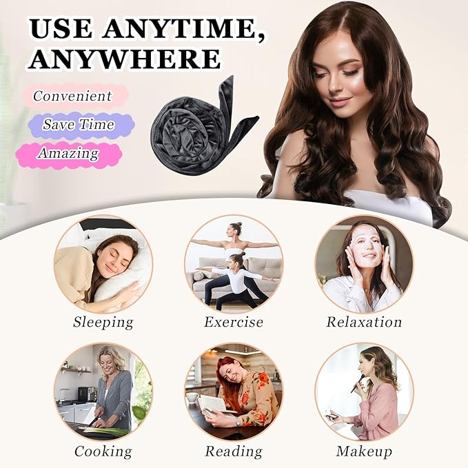 Gwabee No Heat Overnight Hair Curlers Headband, 70" Soft Ribbon Curl Wrap for Long Hair - 9 PCS Curling Rods Set - Grey