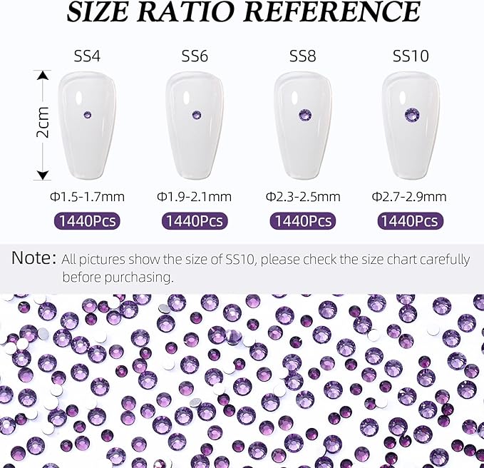 Meibite Tanzanite Flatback Rhinestones, Glass Rhinestones for Nail Art and Craft, Glue Fix, Loose Crystal Gemstones(Tanzanite, SS10, 1440pcs, 2.7-2.8mm)