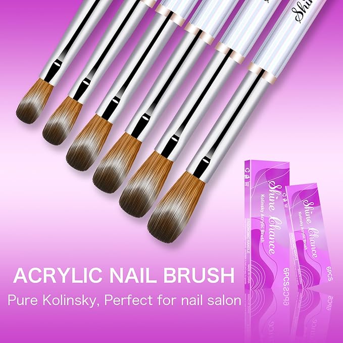 Shine Chance 6 Pcs Acrylic Nail Brushes Set, Kolinsky Nail Art Brushes, Art Design & Polish Mistake Cleaning Manicure Tools for Women - Acrylic Application (Size 4, 6, 10, 12, 14, 16)