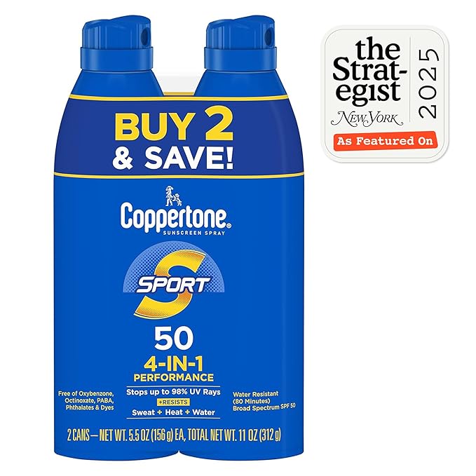 Coppertone Sport Sunscreen Spray SPF 50, Water Resistant Spray Sunscreen Pack, 5.5 Oz, Pack of 2 (Packaging May Vary)