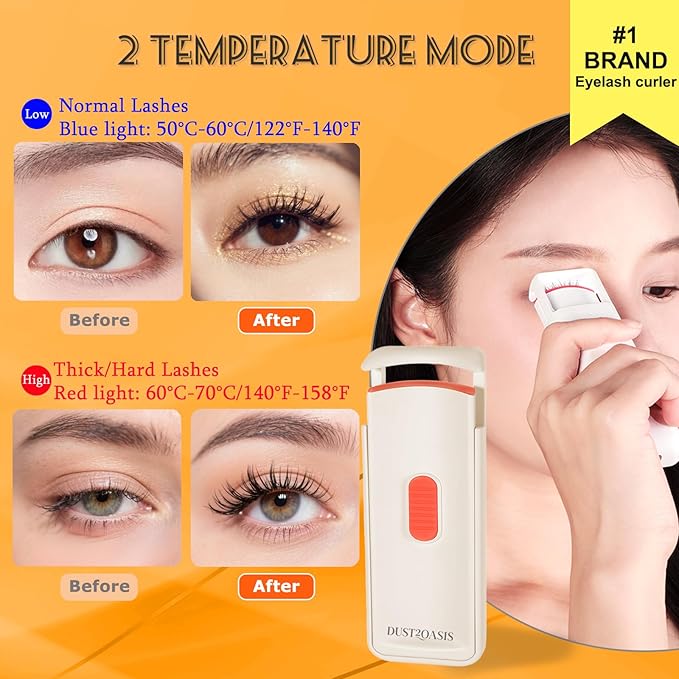 Heated Eyelash Curler - Heated Lash Curler - 24H Long Lasting Electric Eyelash Curler Wide Open Dual-Arc Design - Type-C Rechargeable Mini Lash Curler Natural Curve for Women - Apricot