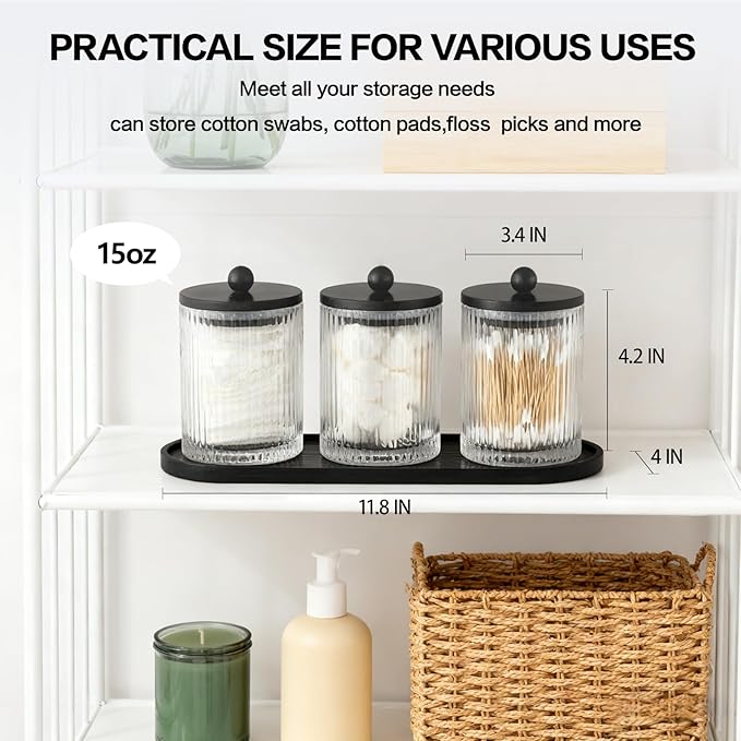 NEECZS 3 Pack Qtip Holder Bathroom Set,Cotton Pad Ball Swab Holder Cotton Round Floss Pick Dispenser with Tray,Glass Apothecary Jars with Black Lids,Bathroom Organizers and Storage Canisters