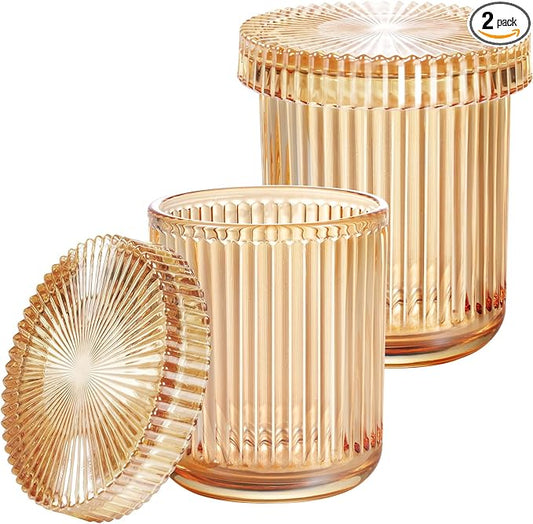 SheeChung Amber Glass Apothecary Jars 2-Pack - Vintage Sunburst Bathroom Organizer & Storage Set - Qtip Holder Dispenser, Vanity Canister for Cotton Swabs, Balls, Pads - Luxury Modern Farmhouse Decor