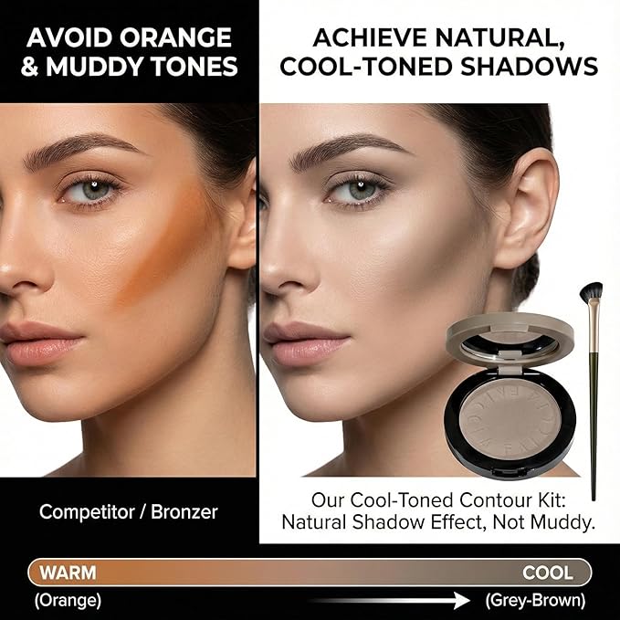 Cool-Toned Grey Contour Powder Palette with Mirror & Makeup Brush Set – Long-Lasting Taupe Matte Finishing for Fair Pale Skin, Multi-Purpose Nose & Face Sculpting Kit, Travel-Friendly Compact