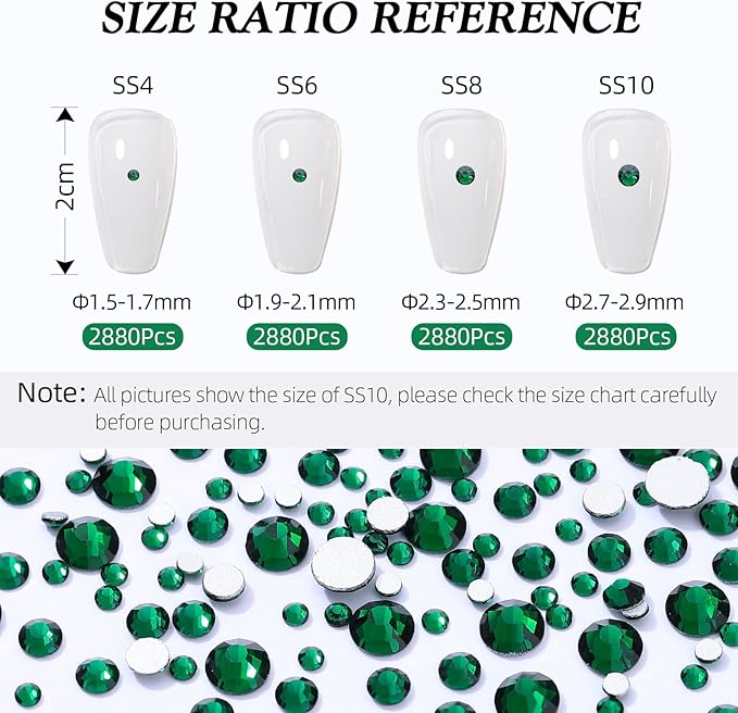 Meibite Green Flatback Rhinestones, Glass Rhinestones for Nail Art and Craft, Glue Fix, Loose Crystal Gemstones(Green, SS4, 2880pcs, 1.5-1.7mm)
