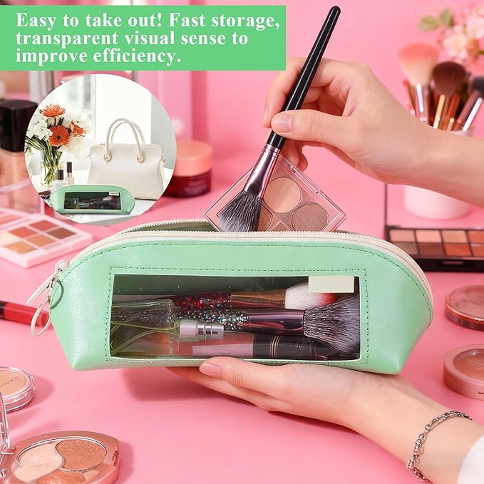 Clear Makeup Brush Bag Portable Makeup Brush Bag PU Leather Small Make up Brushes Pouch Case Transparent Waterproof Travel Cosmetic Organizer Pouch with Zipper for Women Home Office Storage (Green)