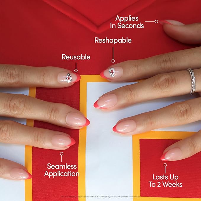Glamnetic x Fanatics Press On Nails - Kansas City Chiefs | Short Almond Fake Nails, NFL Chiefs Red French Tips, Football Nails, Salon-Quality | 15 Sizes - 30 Nail Kit with Glue