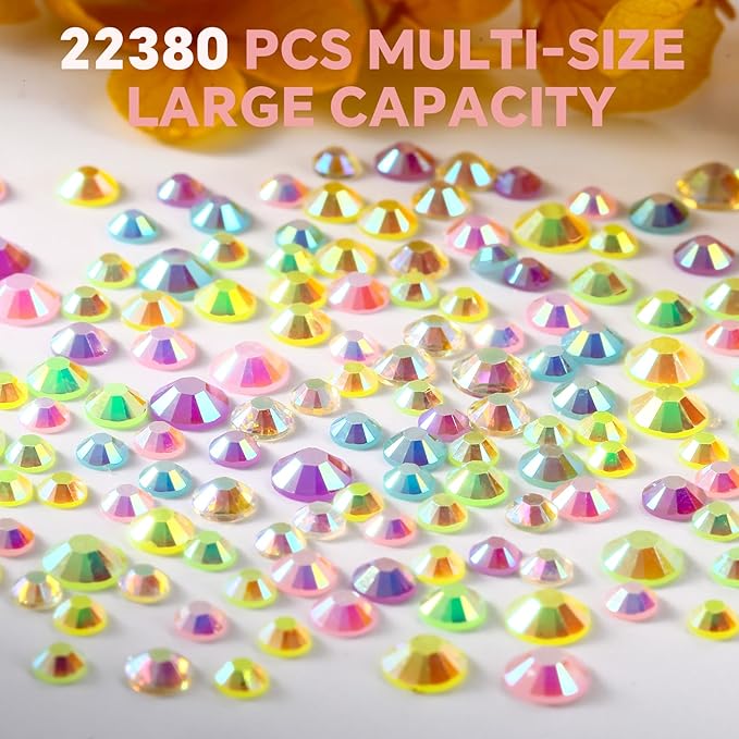 22380Pcs Candy Fresh Jelly Rhinestones Kit- Resin Mixed Color Rhinestones for Nail Clothes Shoes Tumblers Decoration Flat Back Round(3mm,4mm,5mm)