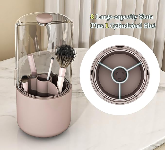 Zufudo Makeup Brush Holder with Dustproof Cover, Clear 360 Rotating Make Up Brushes Organizer for Counter Vanity Bathroom, Pink