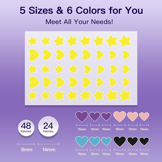 312CT Star Pimple Patches for Face Hydrocolloid Mighty Patch Star&Invisible Acne Patches,5Sizes 6Colors Cute Stickers Acne Pads Parches Acne For Body,Chin,Forehead,Full Face Zit Patch Acne Dots