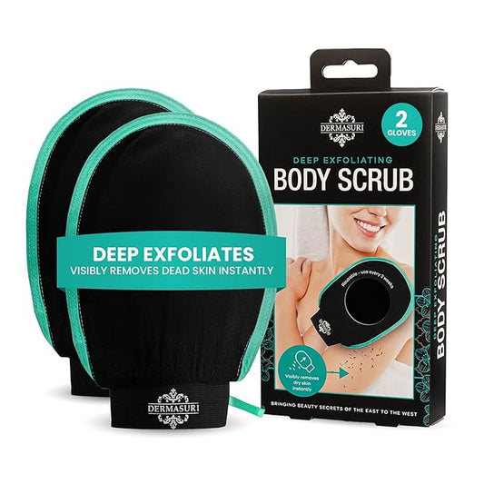 Dermasuri - Deep Exfoliating Glove for Shower - Scrubbing Mitt Body Scrubber Gloves - Korean Skin Cleaner Exfoliator - Dead Skin Buffing Treatment - Keratosis Pilaris Scrub Remover - (2 Pack)
