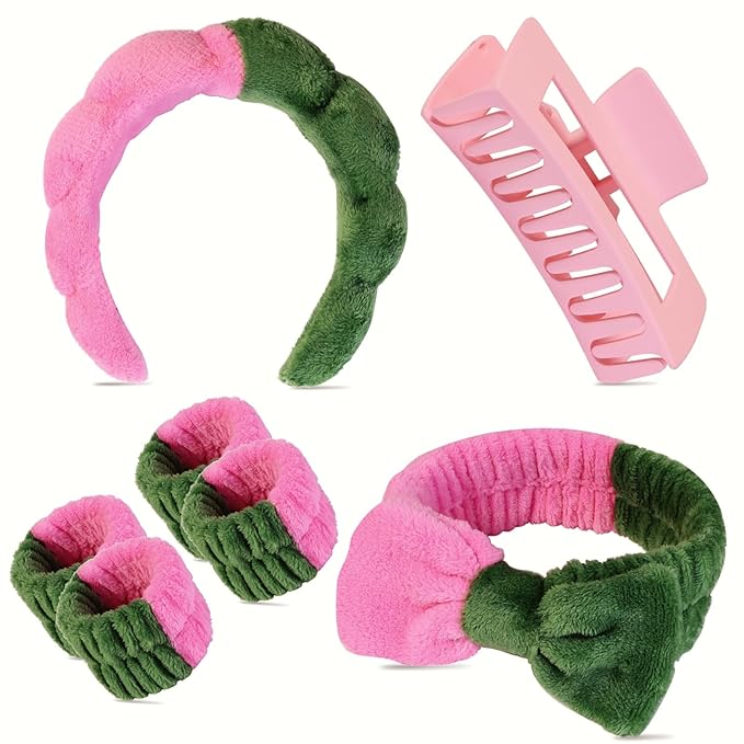 Yaqulen 7 Pcs Spa Set, Facial Headband and Wristband Set, Skincare Accessories, College Style Girl Idea Gifts, Hair Accessories for Women and Girls（Pink Green）