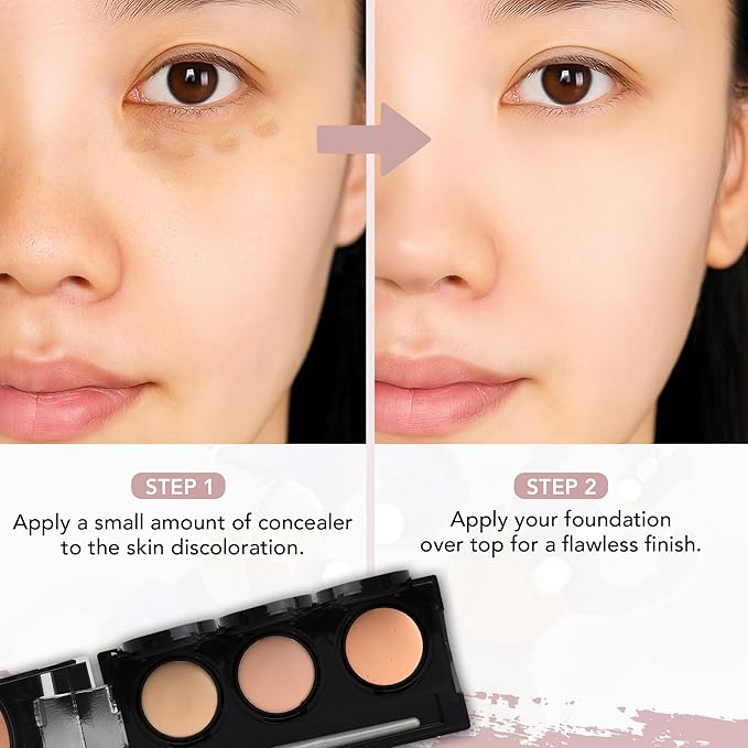 Full Coverage Concealer Palette, Waterproof Concealer Cream, 3 Colors + Brush, by Dermaflage