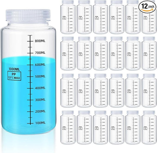 Tatuo 24 Pcs 34oz 1000ml Polypropylene Plastic Sample Bottles with Screw Caps Sample Containers with Lid for Liquids, Reagent, Pill, Travel, Laboratory, Storage at Home(Wide Mouth-dark Scale)