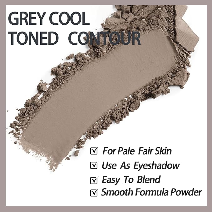 Cool Toned Contour Palette with Mirror, Taupe Grey Contour Powder for Fair Pale Light Cool Toned Skin,Neutralizes Redness, No Orange, Nose Contouring Bronzer Powder with Nose Contour Brush