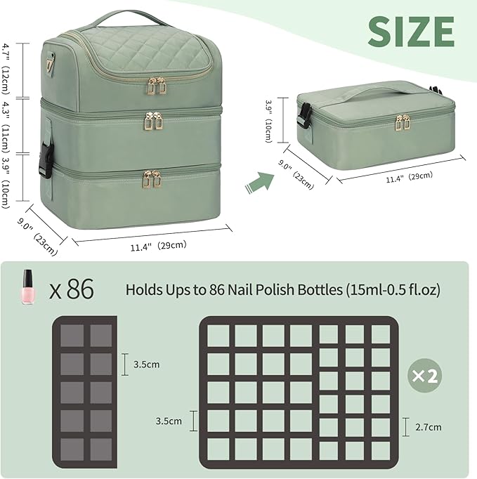 Extra Large Nail Polish Organizer - Three Layer Nail Organizers And Storage Bag, Portable Nail Supplies Organizer Case, Nail Tech Kit Travel Carrying Box with Shoulder Strap (Green, 86 Slots)