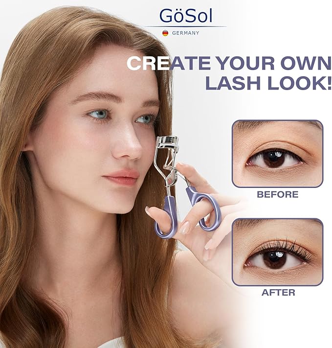 GöSol Eyelash Curler w/3 Replacement Pads (Soft/Medium/Firm) - Professional Lash Curler for Natural, Fake, Curly or Straight Lashes, Includes Protective Cover