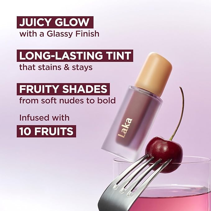 Laka Fruity Glam Tint, 4.5g/0.15oz, Glowing Lip Stain with Wide Color Spectrum, Hydrating & Lightweight Texture, Long-Lasting Bold Stain, Non-Sticky, Vegan, K-Beauty (#138 Parfait)