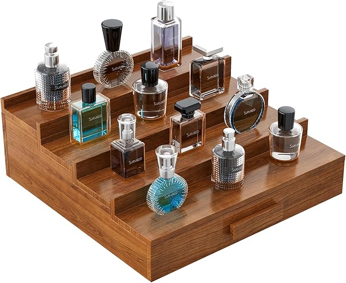 Cologne Organizer for Men,4 Tier Walnut Wood Cologne Stand,Cologne Shelf Display Holder with Hidden Storage and Drawer,Perfume Stand Organizer Great Gift for Men,Walnut